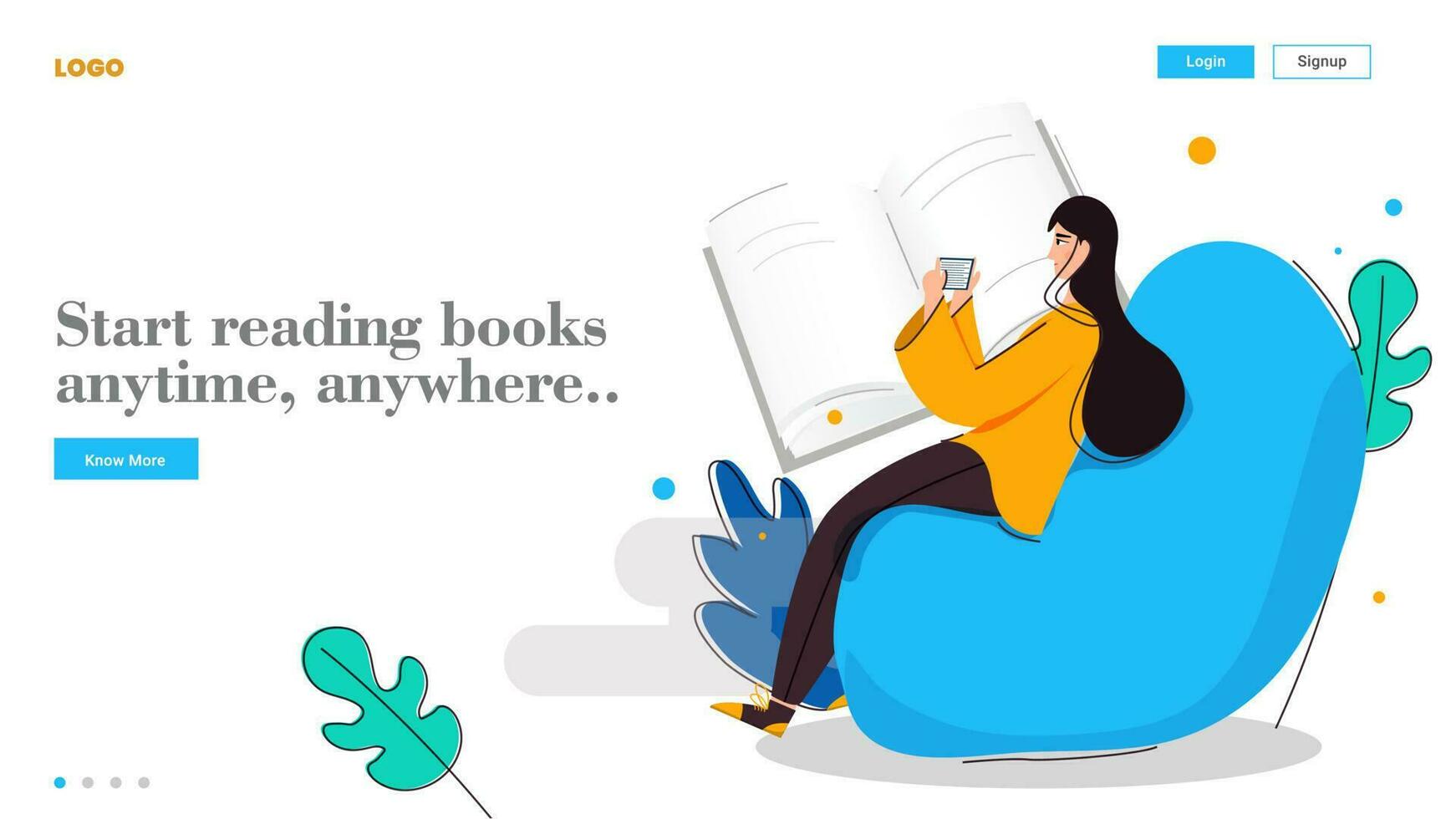 Young girl start reading books anytime, anywhere from smartphone on abstract background for Online Education concept based landing page design. vector