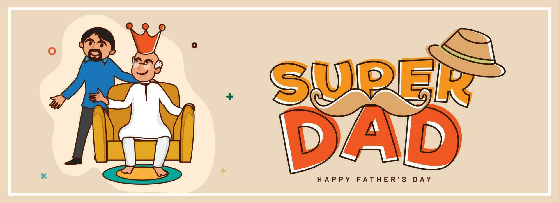 Flat style header or banner design with illustration of son presenting award to his father for Super Dad, Happy Father's Day celebration concept. vector