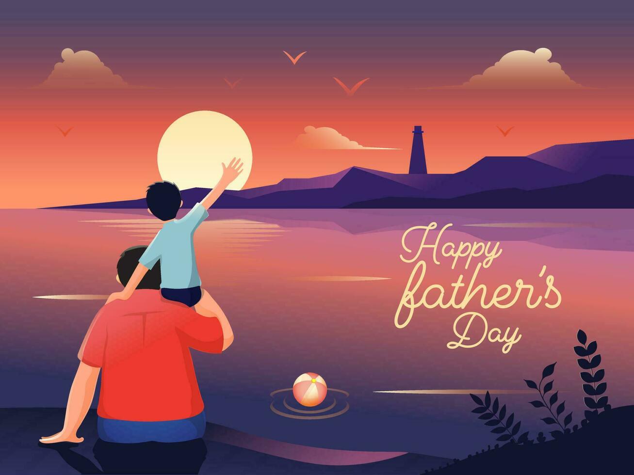 Illustration of a son sitting on his father's shoulder while seeing ocean together on sunset landscape background for Happy Father's Day celebration banner design. vector