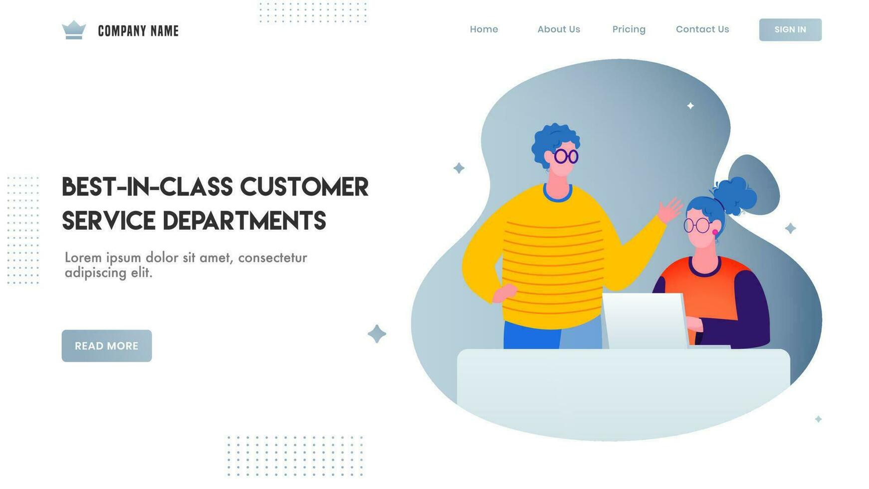 Web banner or landing page design, illustration of man talking to woman working on laptop for Best In Class Customer Service Departments. vector