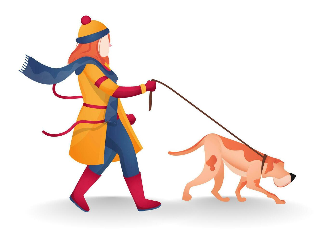 Young woman wearing woolen clothes and holding dog leash in walking pose. vector