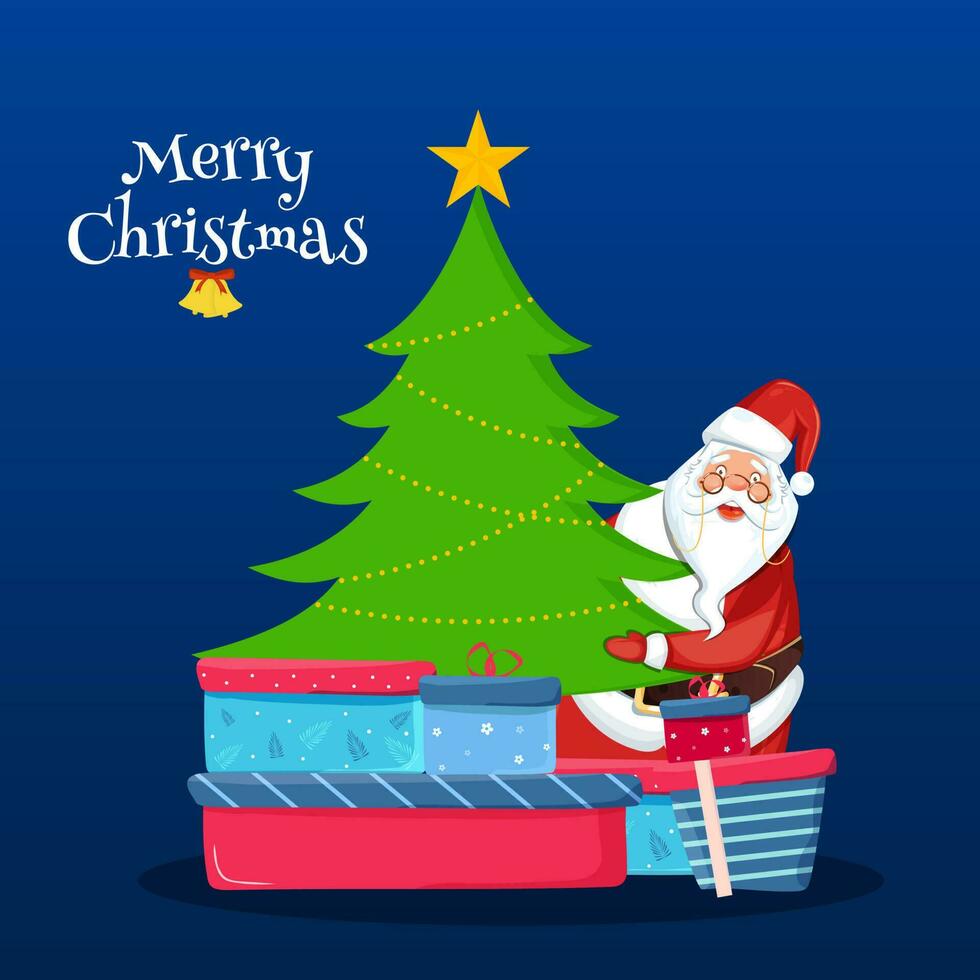 Illustration of santa claus holding xmas tree with gift boxes on blue background for Merry Christmas celebration greeting card design. vector