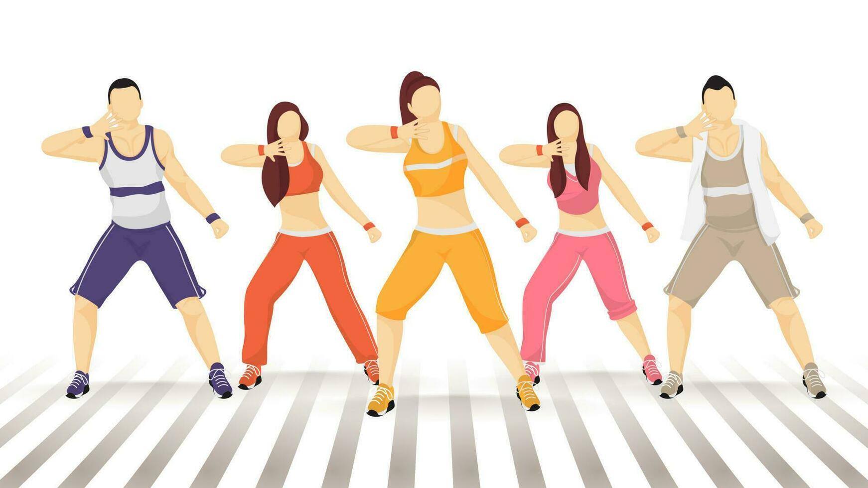 Group of faceless man and woman dancing in zumba poses. vector