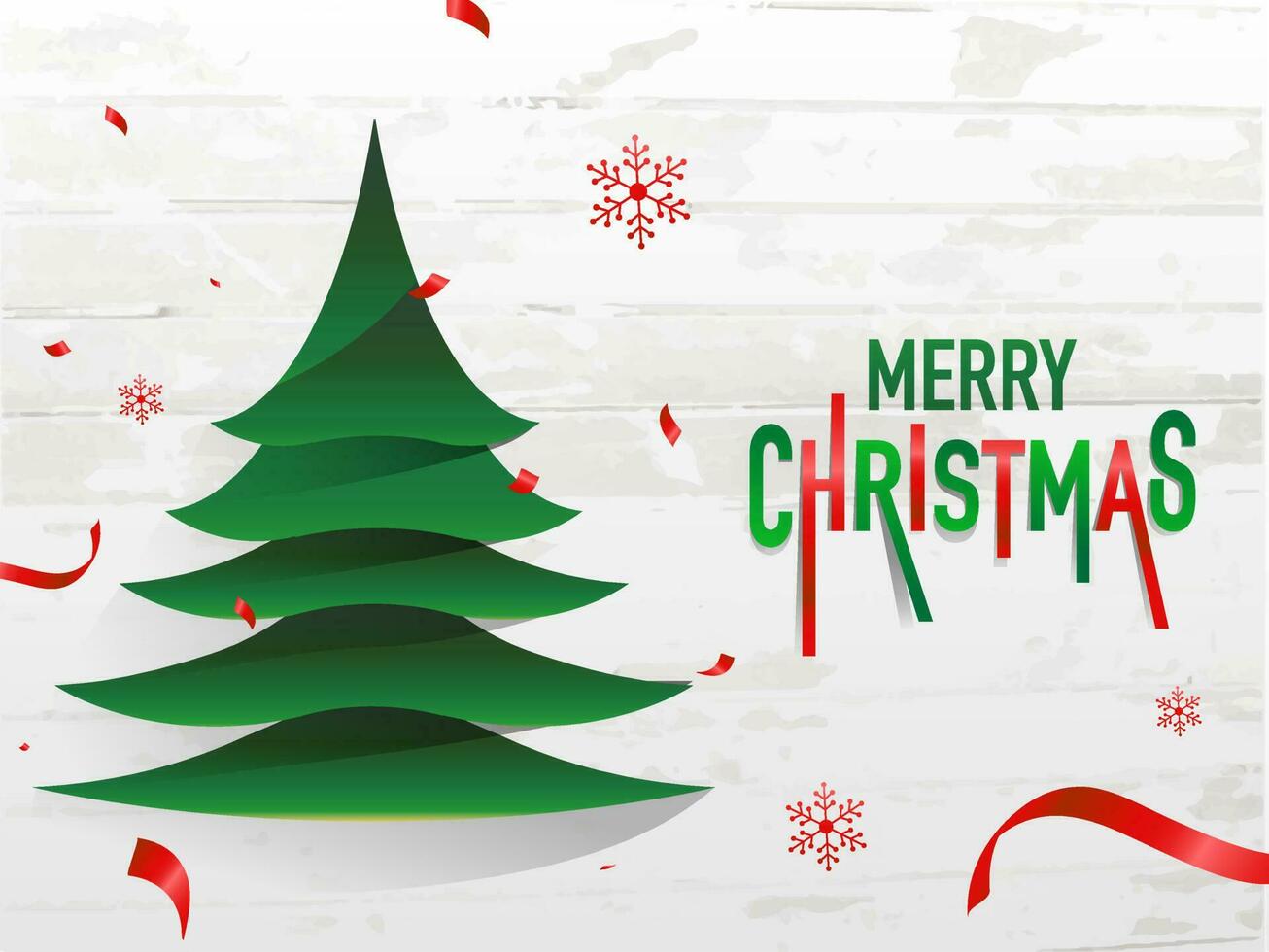 Red and green text Merry Christmas and paper cut xmas tree on white wooden background for celebration concept. vector