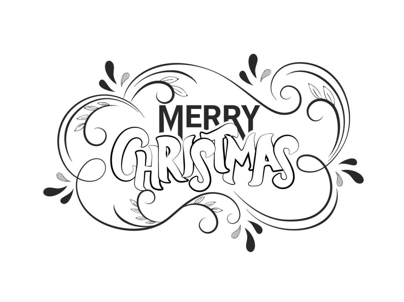 Doodle Style Merry Christmas Text with Decorative Swirl Pattern on White Background. Can be used as greeting card design. vector