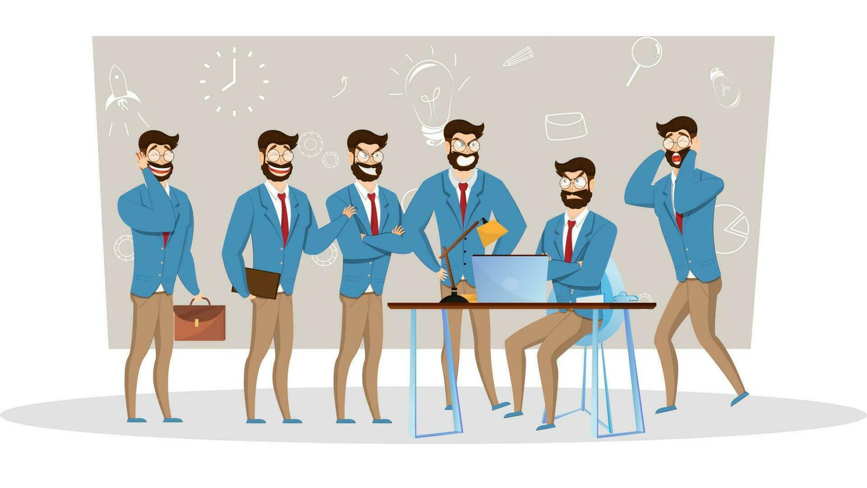 Businessman character set in different expression on workplace and business elements background. vector