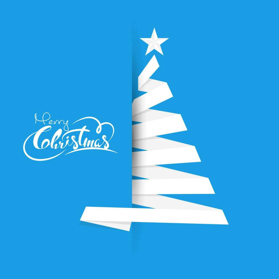 Font of Merry Christmas Text with Creative Xmas Tree made by White Ribbon on Blue Background. vector