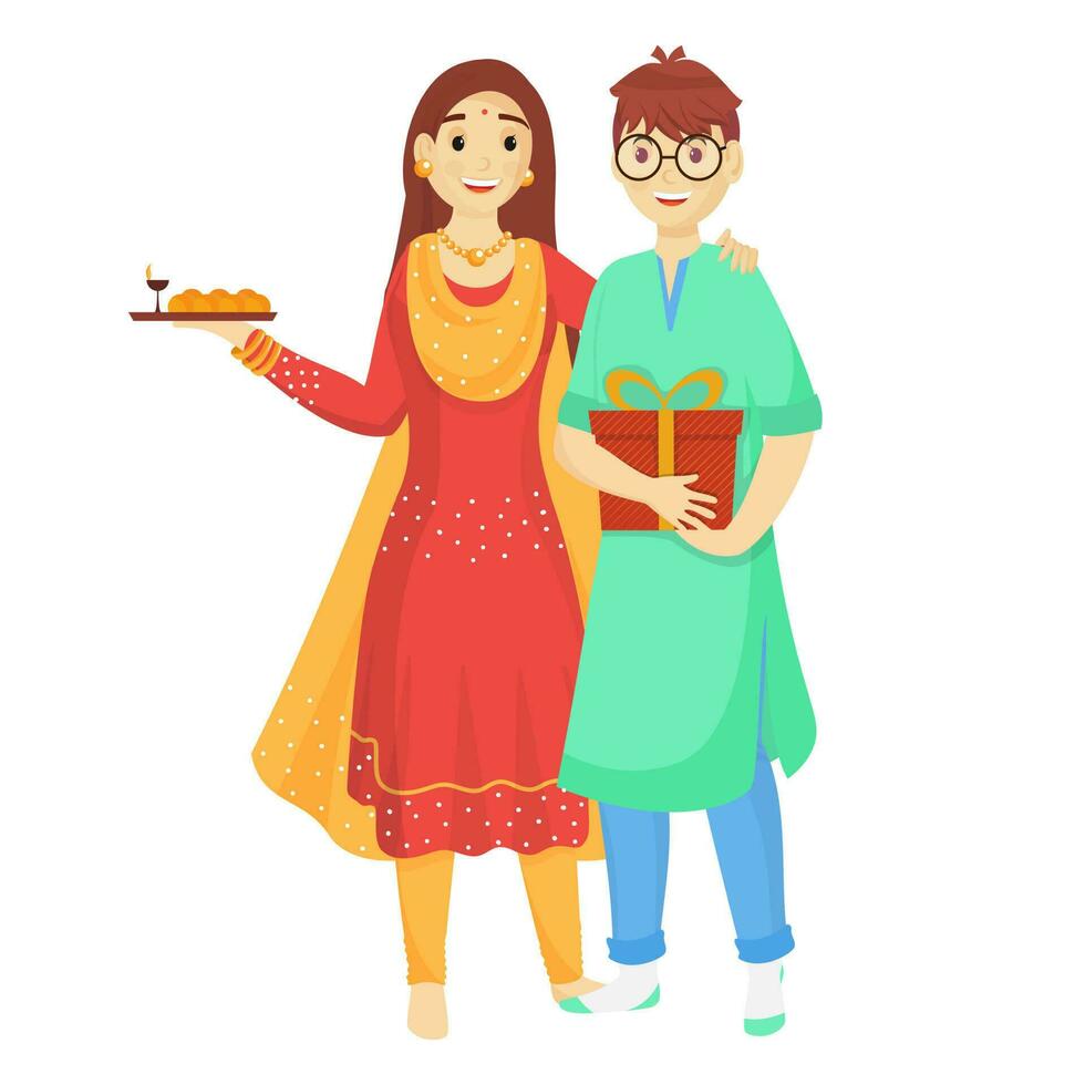 Young brother and sister celebrating on the occasion of Raksha Bandhan. Can be used as poster or template design. vector