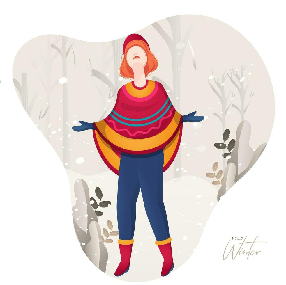 Faceless woman character enjoying snow falling on nature view background for Hello Winter. vector