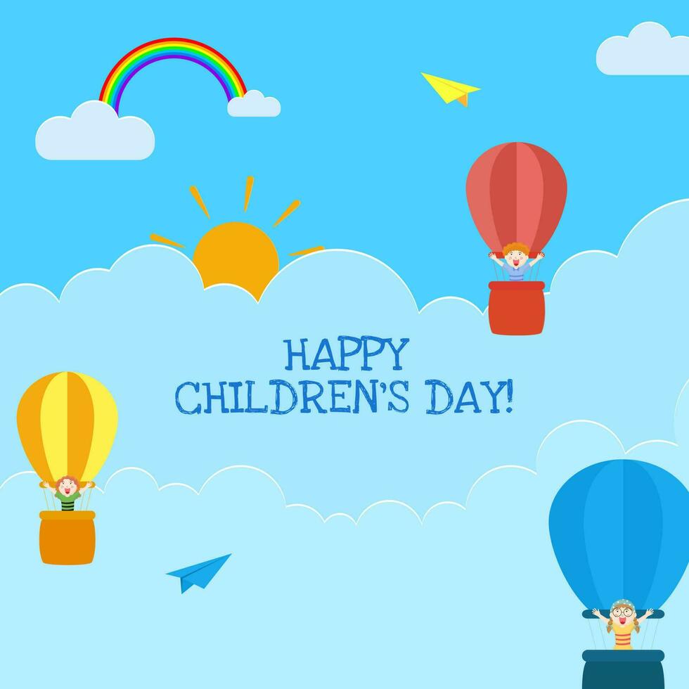 Happy Children's Day greeting card design with cute kids flying in hot air balloons with rainbow on sunny paper cut cloudy background. vector