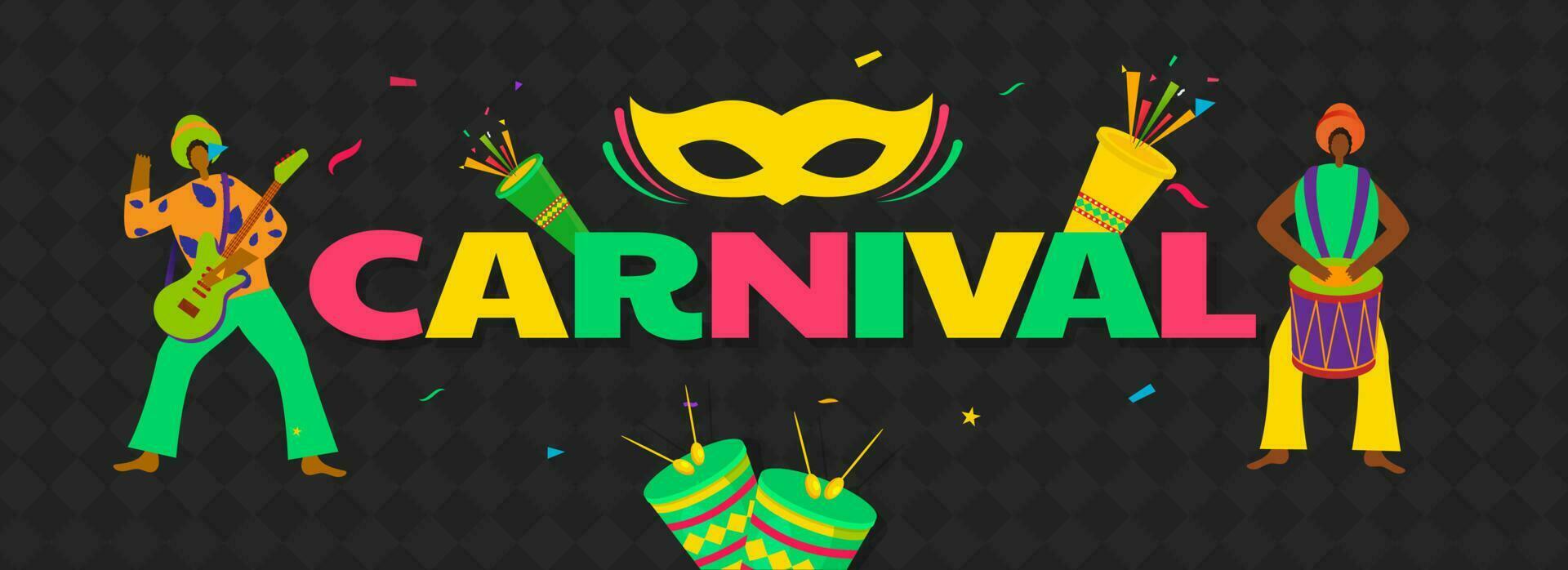 Colorful text of Carnival with mask, party popper and brazilian men playing music instruments on black seamless square pattern background. vector