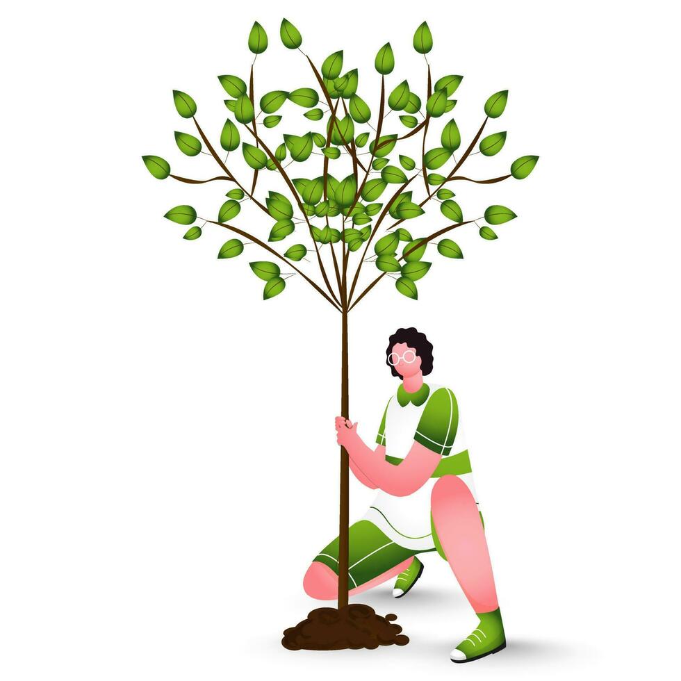 hombre personaje plantando un árbol en blanco antecedentes. vector