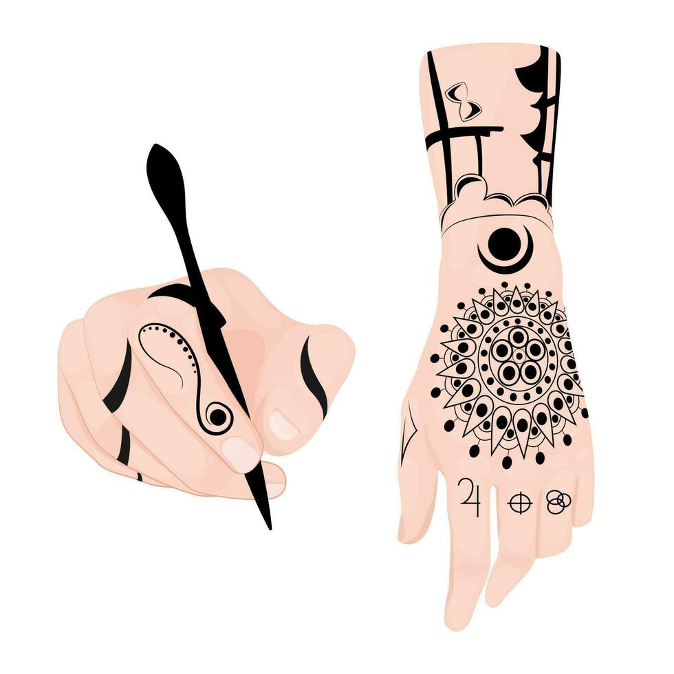 Tattoo or mehndi artsit decorated hands. vector