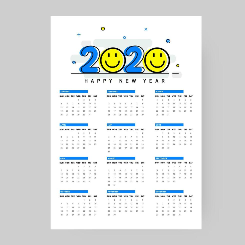 Yearly wall calendar design for 2020 with smiley emoji on white background. vector