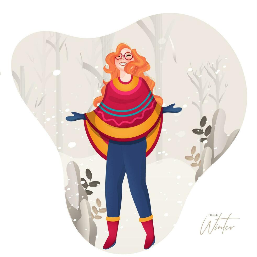 alegre joven niña disfrutando nieve que cae en naturaleza ver antecedentes para Hola invierno. lata ser usado como saludo tarjeta diseño. vector