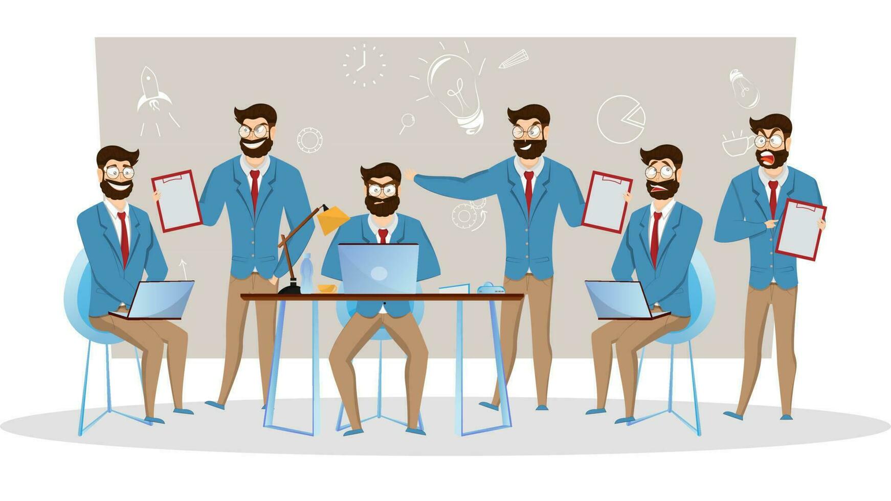 Creative illustration of Businessmen in different poses on gray background. vector