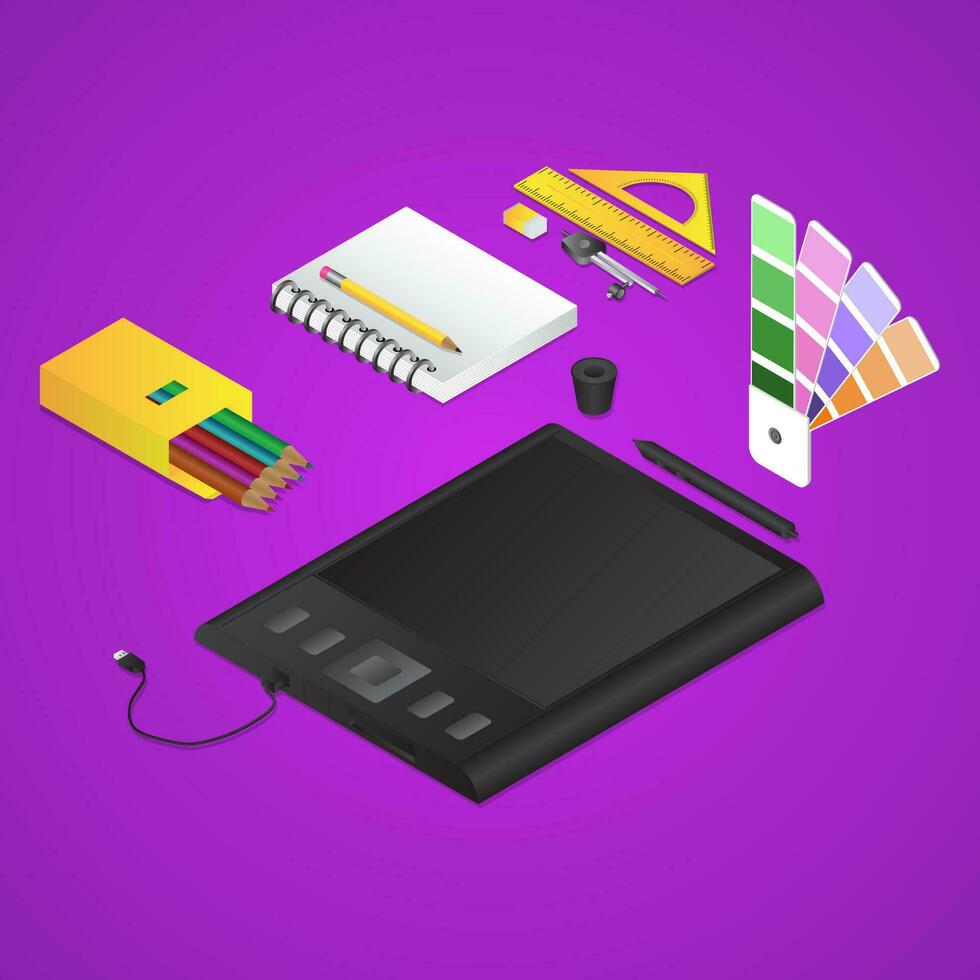 3D illustration of Graphic designing tools like as graphic tablet with color pencil box, notebook, pantone on purple background. vector