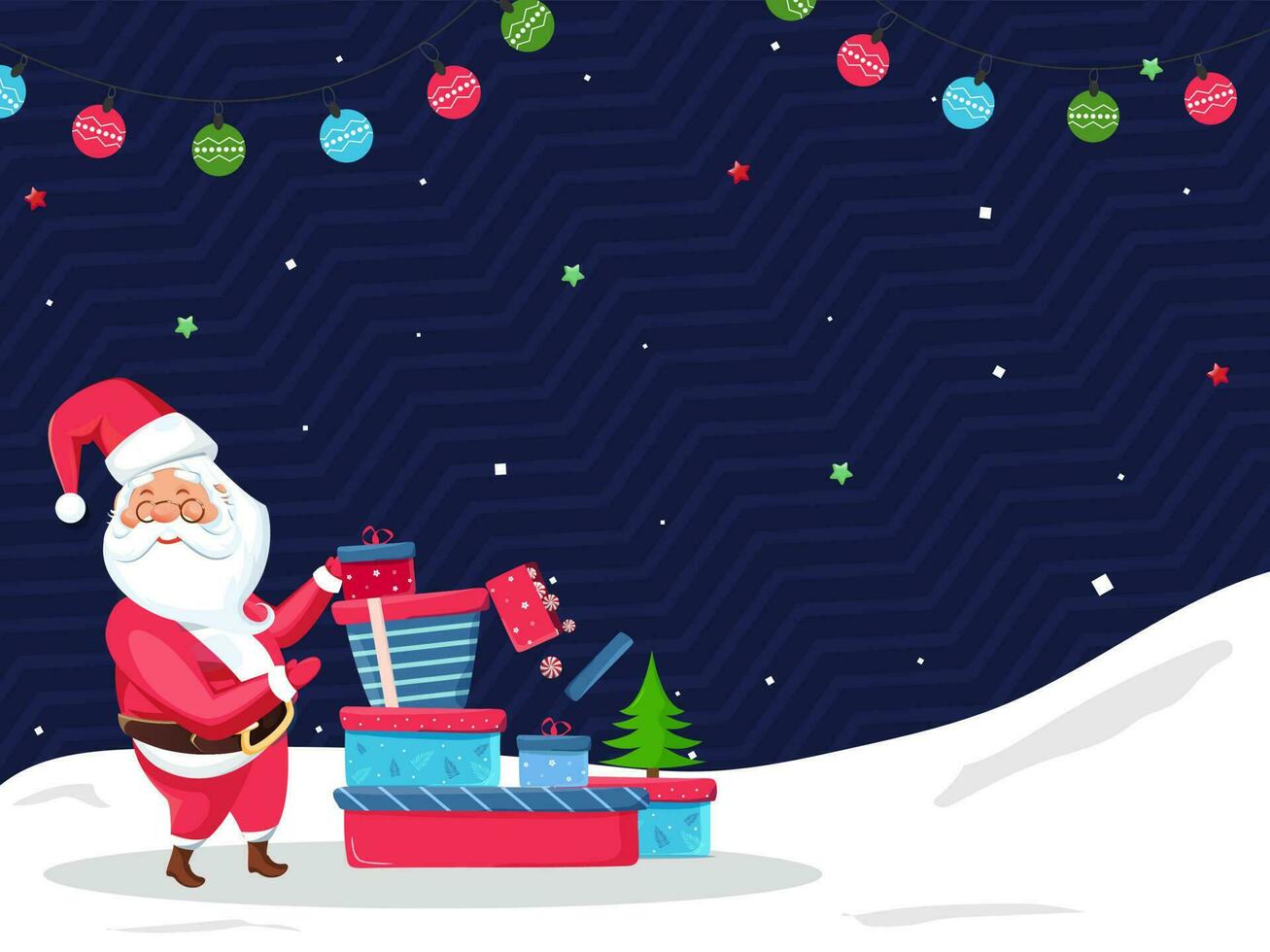 Santa Claus Presenting Gift Boxes with Xmas Tree and Colorful Baubles Garland Decorated on Blue Wavy Strip and Snowy Background. vector