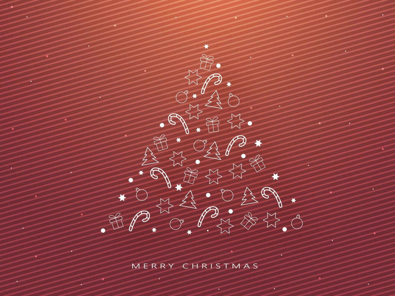 Creative Xmas Tree made by Doodle Festival Element on Glossy Brown and Red Striped Background for Merry Christmas Celebration. vector