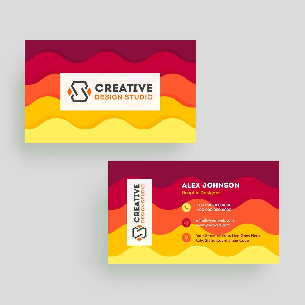 Front and back view of business card or horizontal template design with colorful wavy pattern. vector