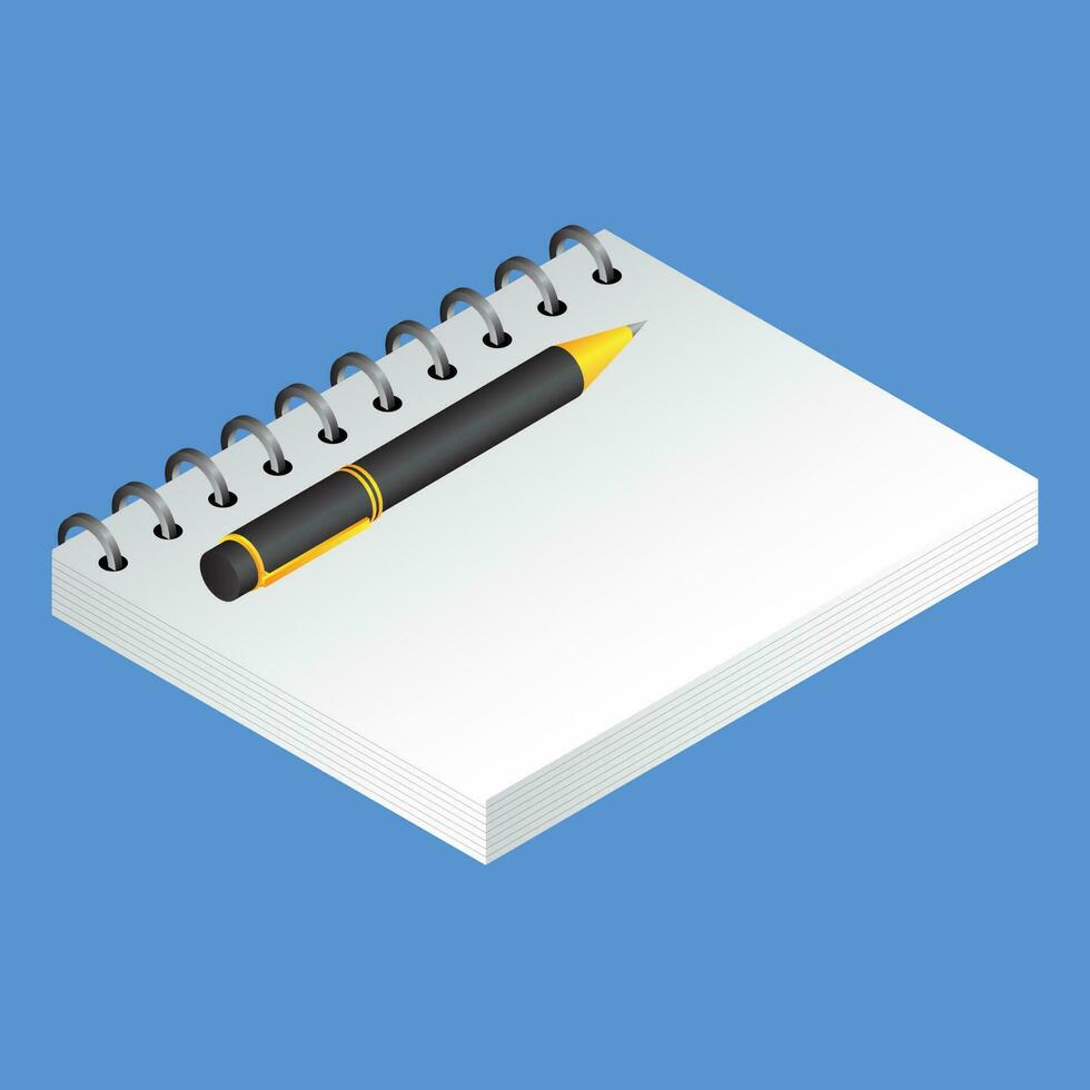 Isometric notebook with pen on blue background. vector