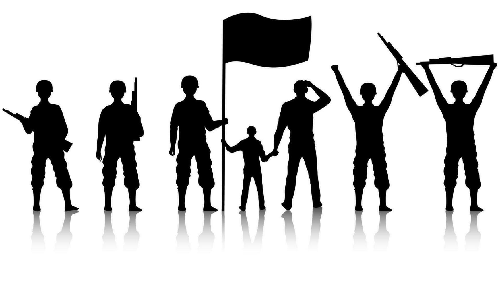 Silhouette of soldiers holding wavy flag with rifles on white background. vector