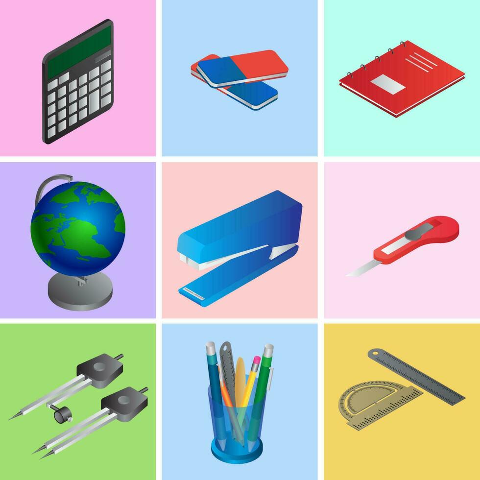 Collection of 3d education elements in different color background. vector