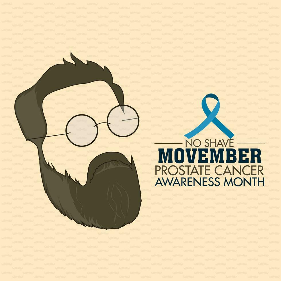 Beard male face wearing glasses and Prostate Cancer ribbon on seamless mustache pattern background for Movember, Awareness Month concept. vector