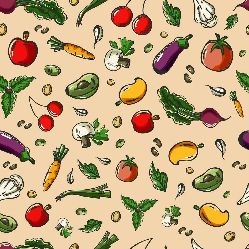 Doodle style fruit and veggies seamless background. vector