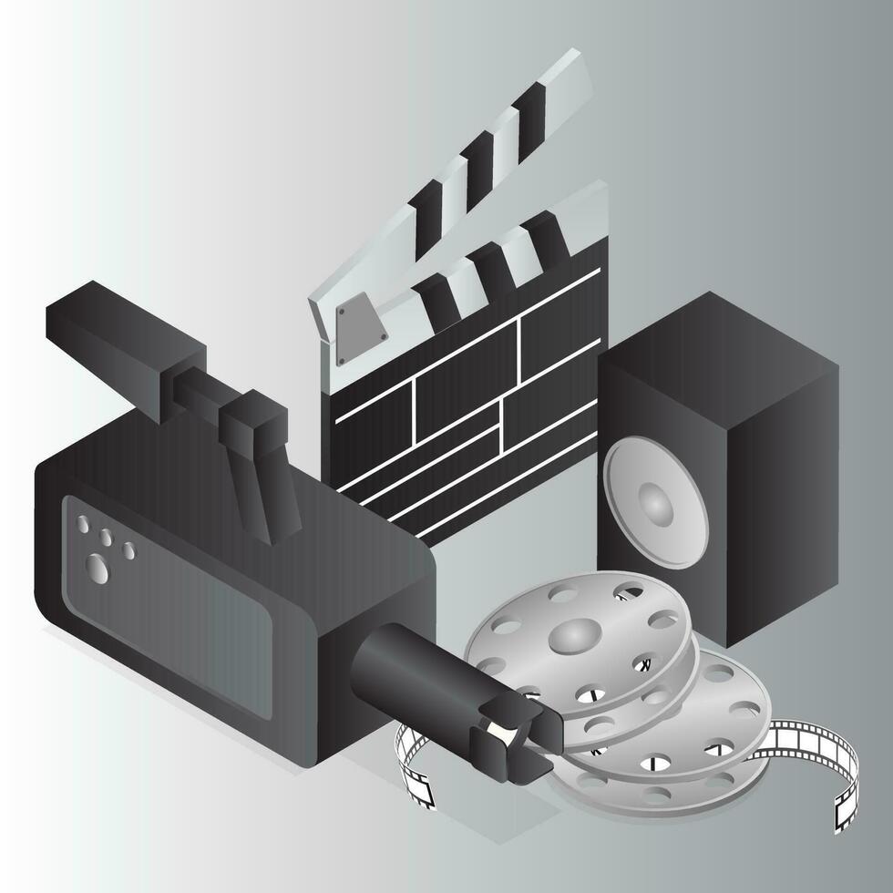 Realistic video camera with speaker, clapper and film reel on grey background. vector