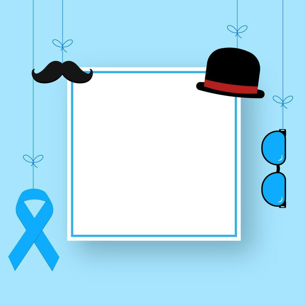 Prostate Cancer Awareness ribbon with mustache, goggles, fedora hat hang and given space for your message on blue background. vector