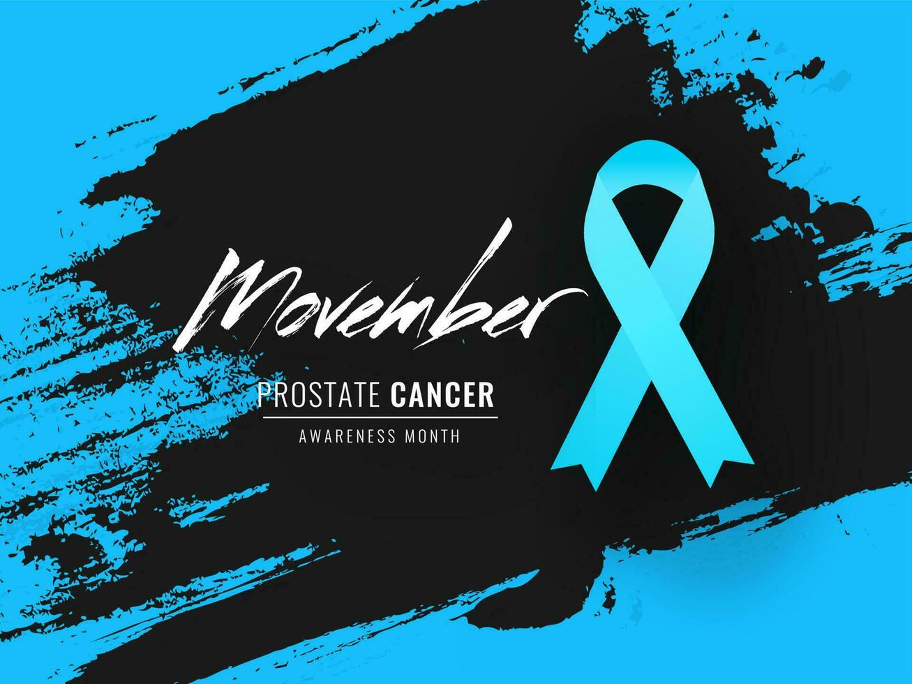 Creative text Movember with Prostate Cancer ribbon and black brush strok grunge effect on blue background for Awareness Month concept. vector