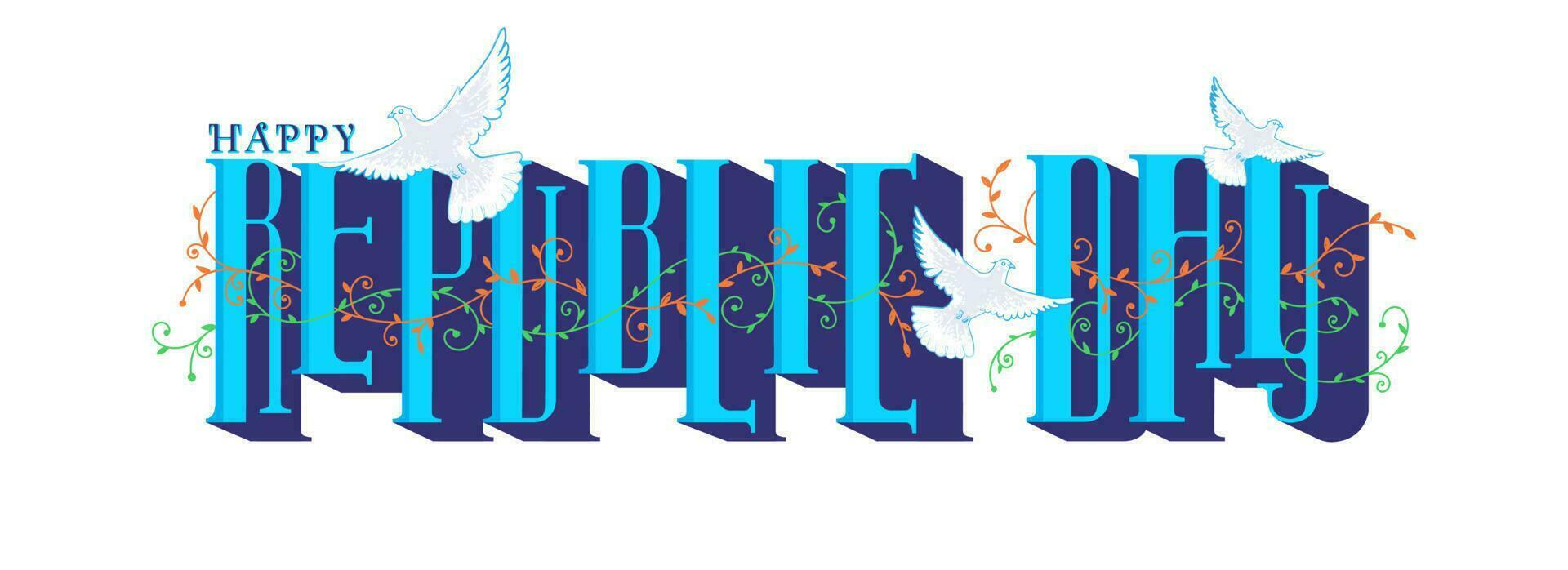 Blue Happy Republic Day Text with Flying Pigeon and Motifs on White Background. Header or Banner Design. vector