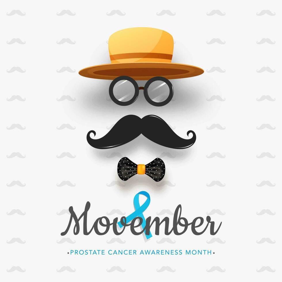 creativo hombre cara hecho por fedora sombrero con gafas de protección, Bigote, arco Corbata y próstata cáncer conciencia cinta para movember mes concepto. vector