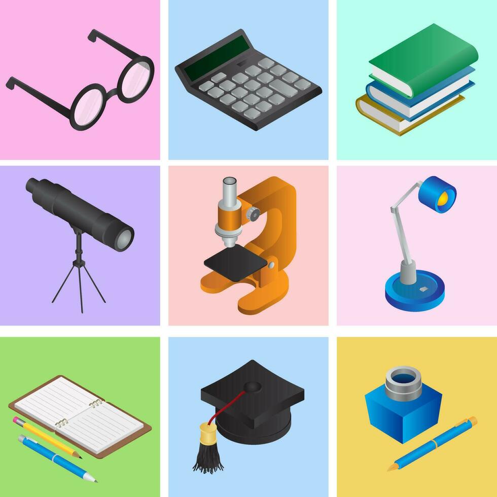 Isometric School or Education Tools on Colorful background. vector