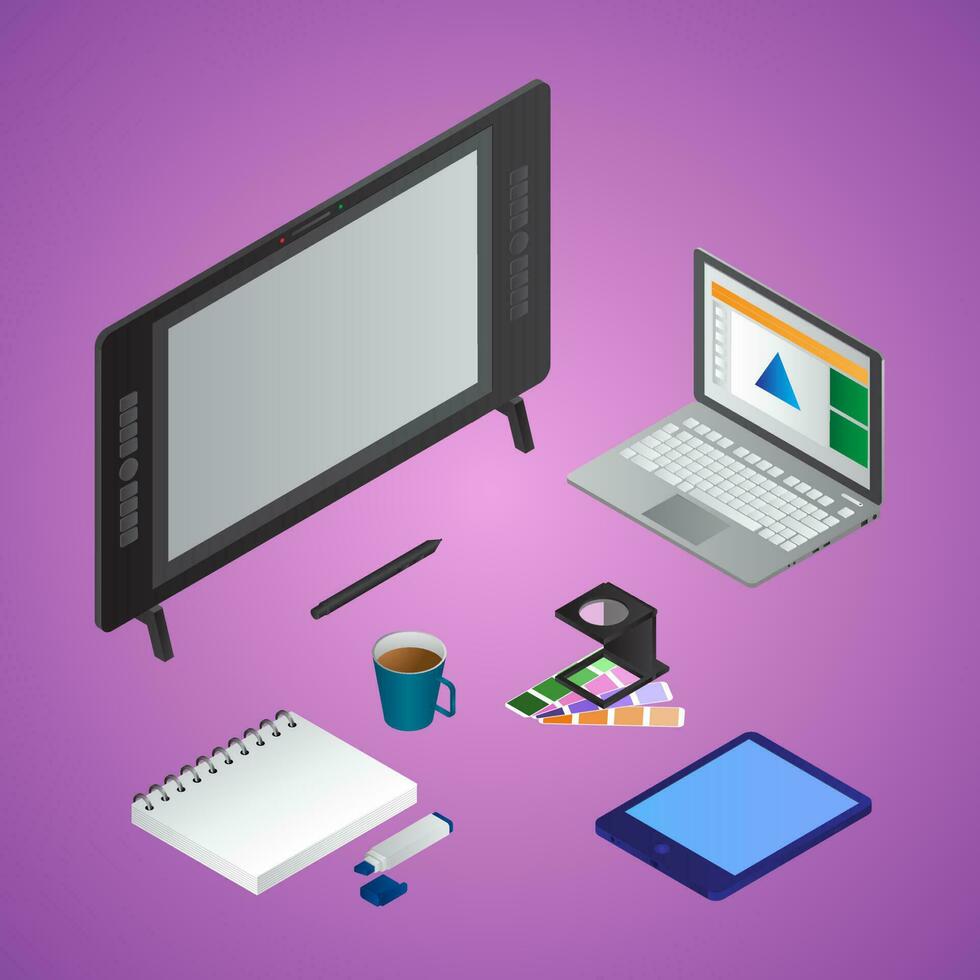 3D Illustration of Designing or Graphic tools like as Pen Tab with Laptop, Pantone, Notebook and Smartphone on purple background. vector