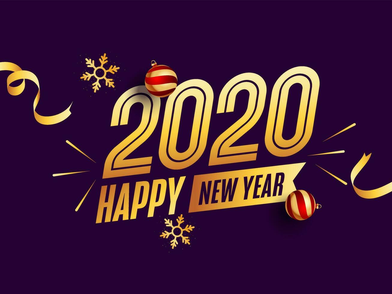 Golden Happy New Year 2020 Text with Baubles and Glittering Snowflakes on Purple Background. vector