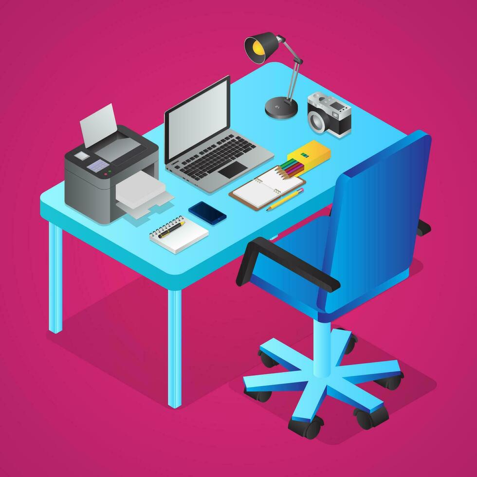 3d lugar de trabajo ver de gráfico diseño objetos me gusta como impresora, computadora portátil, mesa lámpara, cámara, color lápiz y Nota libro en escritorio con silla. vector