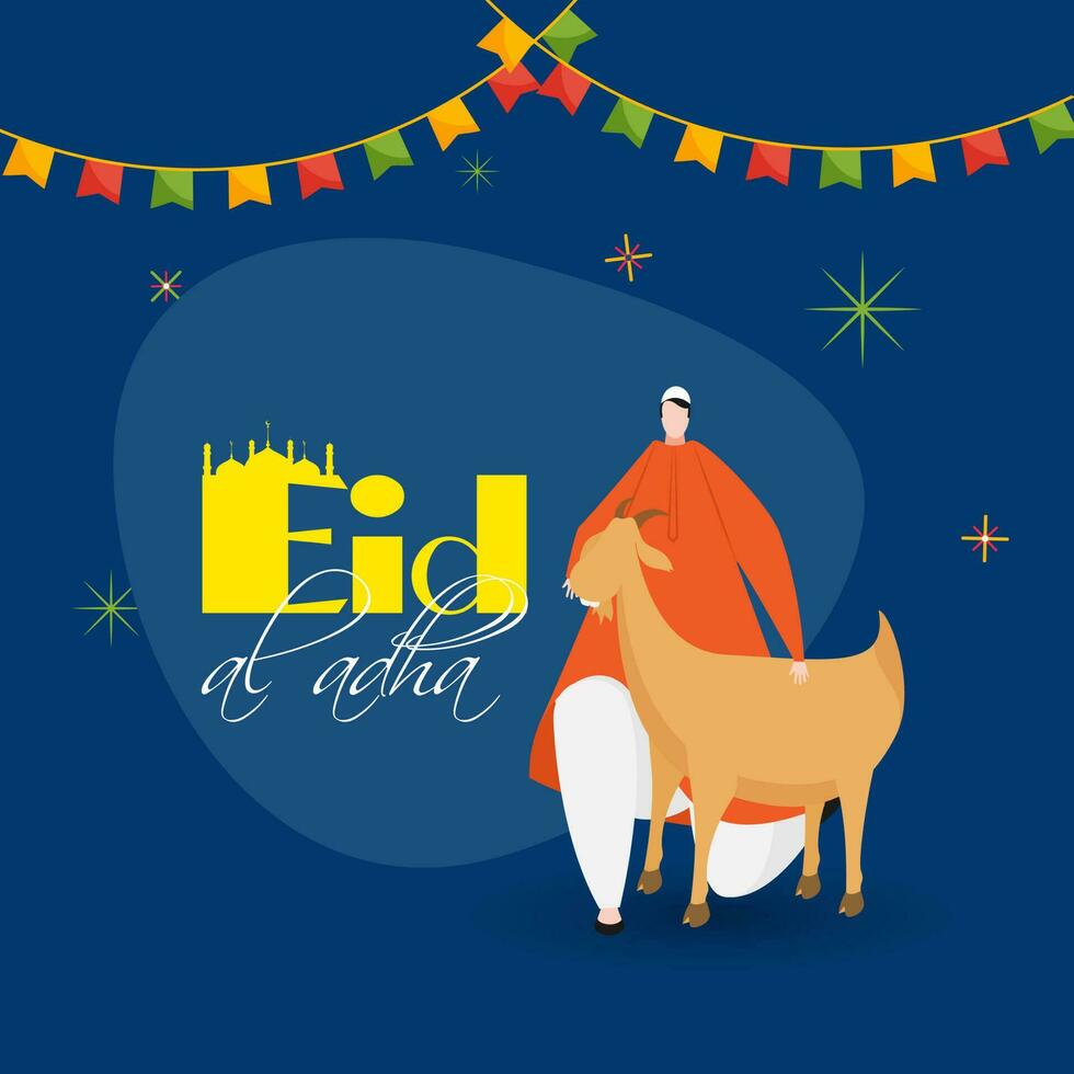 Retro style Poster or banner design. Cartoon of Islamic man and sheep with Islamic calligraphy text of Eid-Al-Adha Mubarak festival. vector