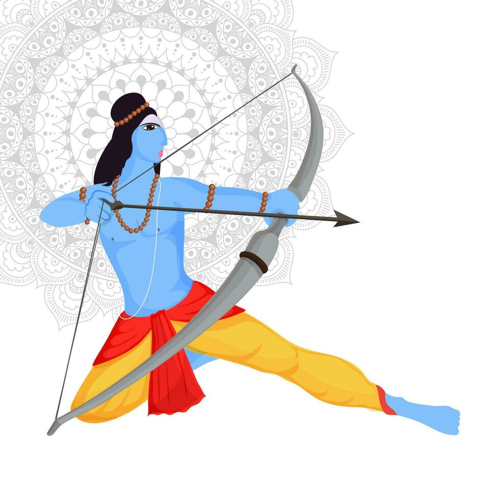 Illustration of Lord Rama aiming arrow on mandala pattern background. vector