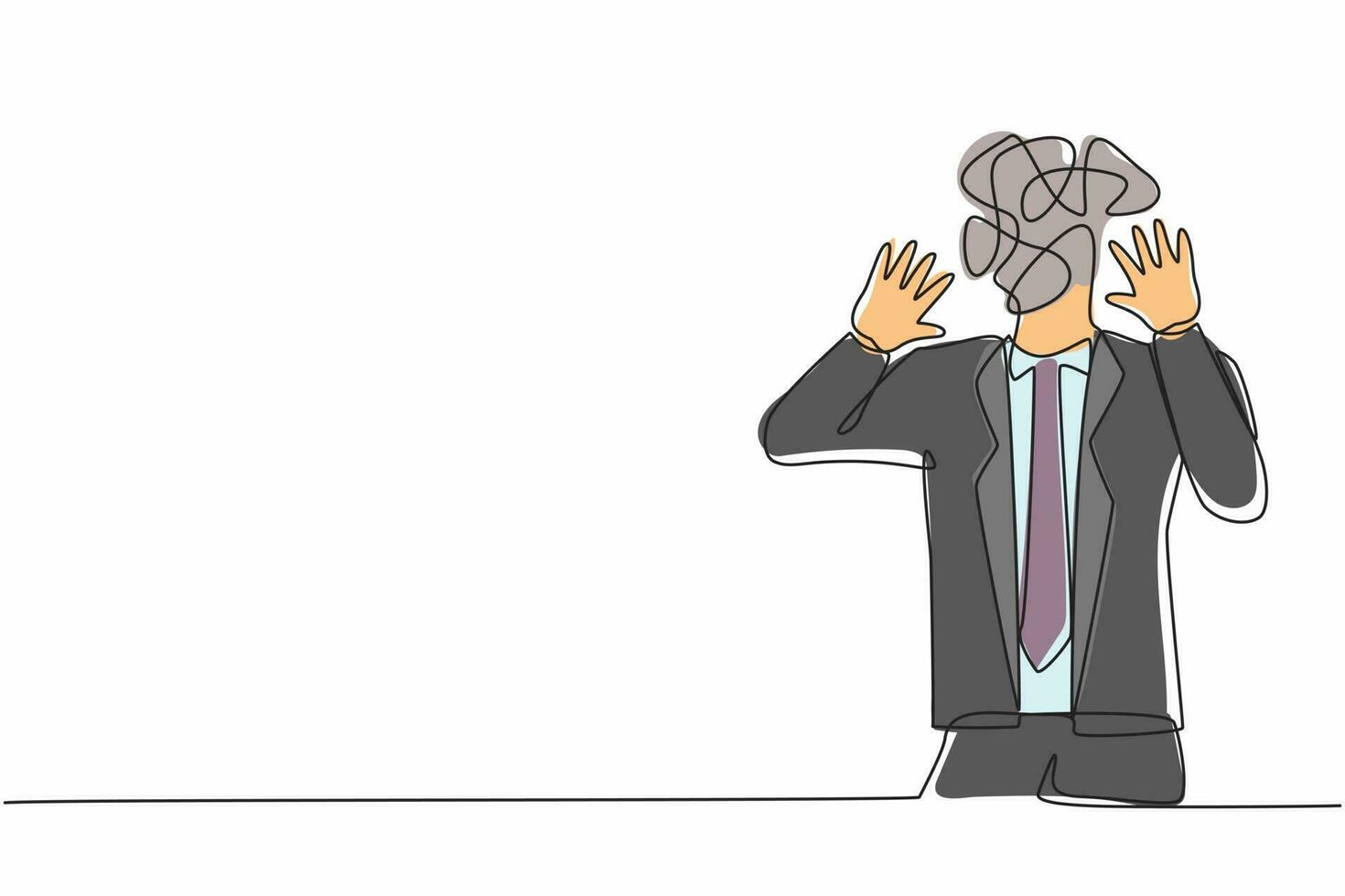 Continuous one line drawing businessman with round scribbles instead of a head. Man shocked, afraid, scared, terrified, fear expression. Stop gesture with palm hands. Single line graphic design vector