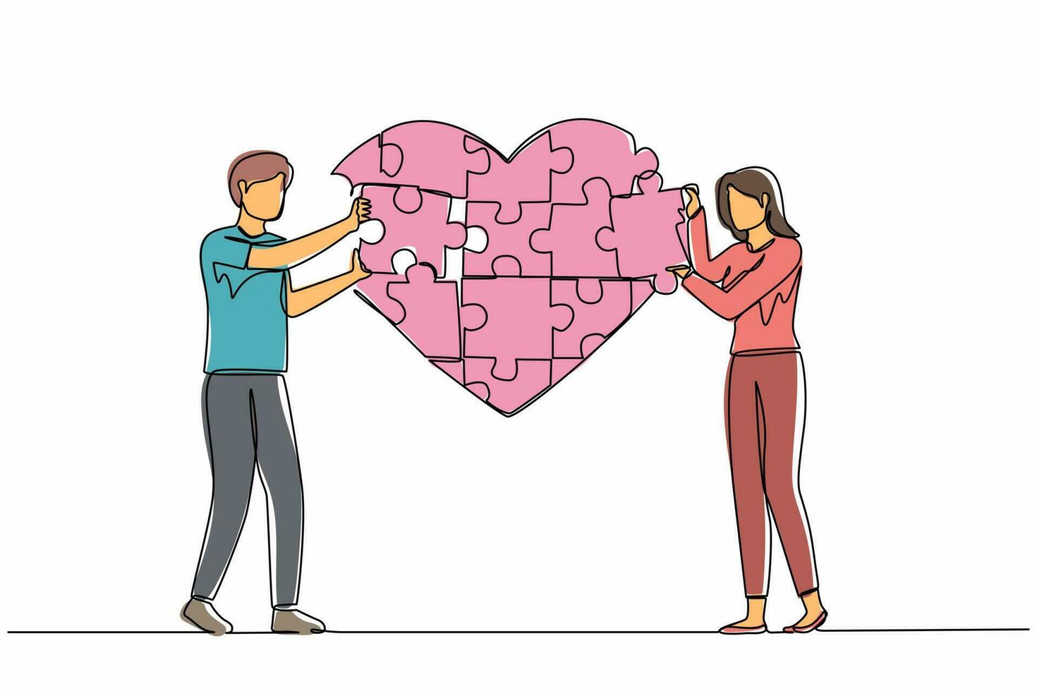 Single one line drawing young loving couple standing and forming huge heart puzzle from pieces together. Love togetherness and romance concept. Continuous line draw design graphic vector illustration