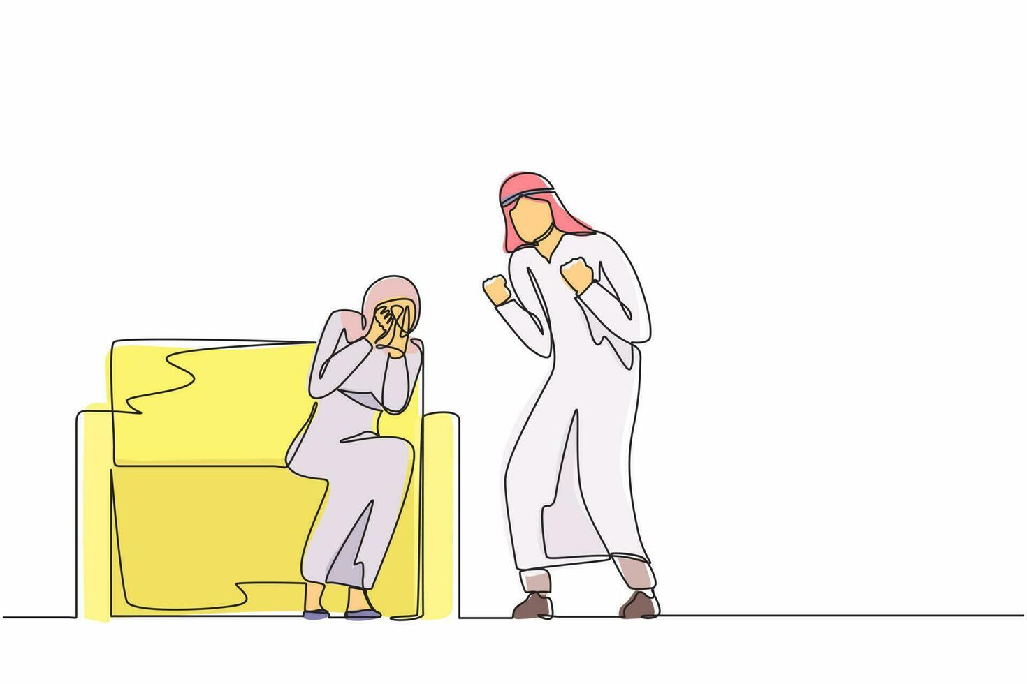 Single one line drawing Arabian man abusing woman. Young couple quarrel, guy screaming and girl crying sitting on sofa. Family violence. Emotional person arguing. Continuous line design graphic vector