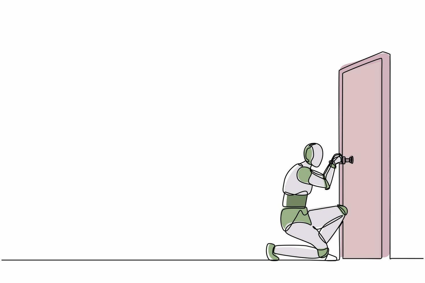 Single continuous line drawing robots prying doorknob with screwdriver. Modern robotics artificial intelligence technology. Electronic technology industry. One line graphic design vector illustration