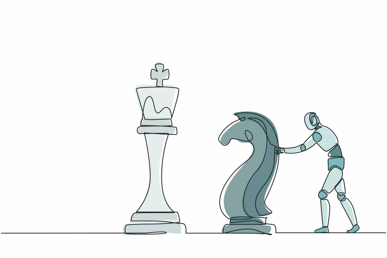 Los robots de dibujo de una línea continua empujan una enorme pieza de ajedrez de caballo caballero para derribar al rey. organismo cibernético robot humanoide. futuro concepto de desarrollo de robótica. gráfico vectorial de diseño de dibujo de una sola línea vector