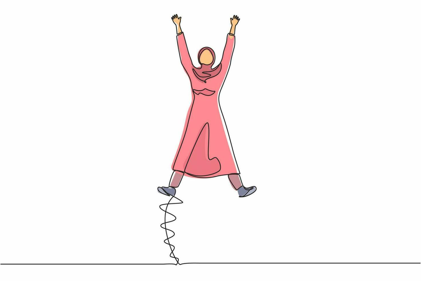 dibujo de una sola línea feliz mujer de negocios árabe saltando con los brazos y las piernas extendidos. trabajador de oficina celebra el éxito del proyecto de la empresa. ilustración de vector gráfico de diseño de dibujo de línea continua