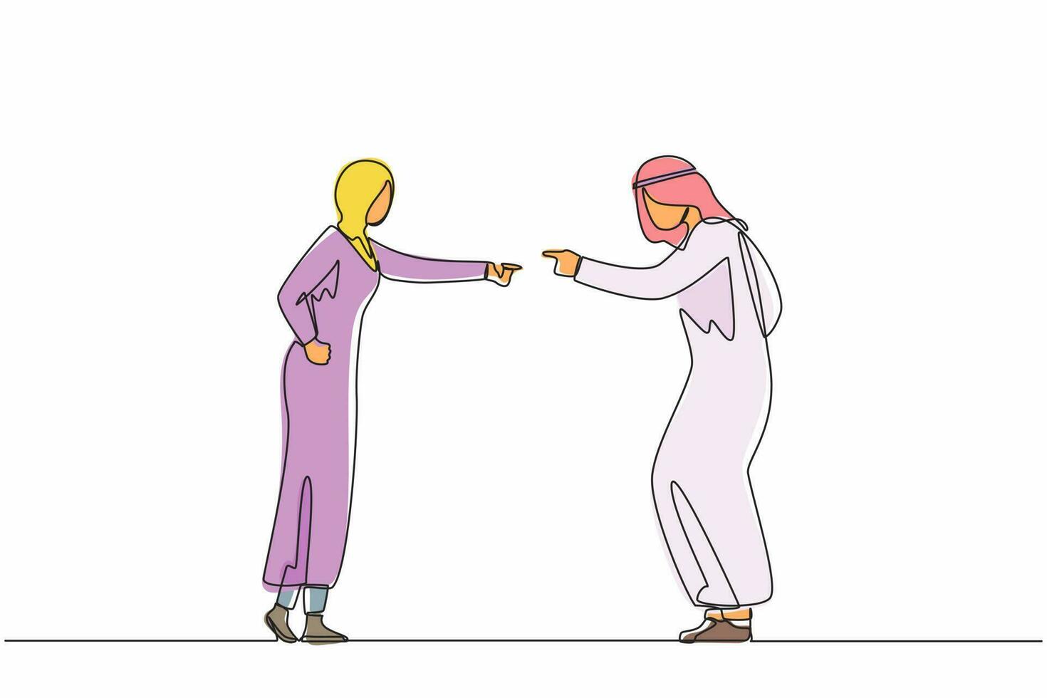 Continuous one line drawing angry aggressive Arabian couple man husband woman wife yelling and quarrelling together. Furious dispute discussion or disagreement. Single line draw design vector graphic