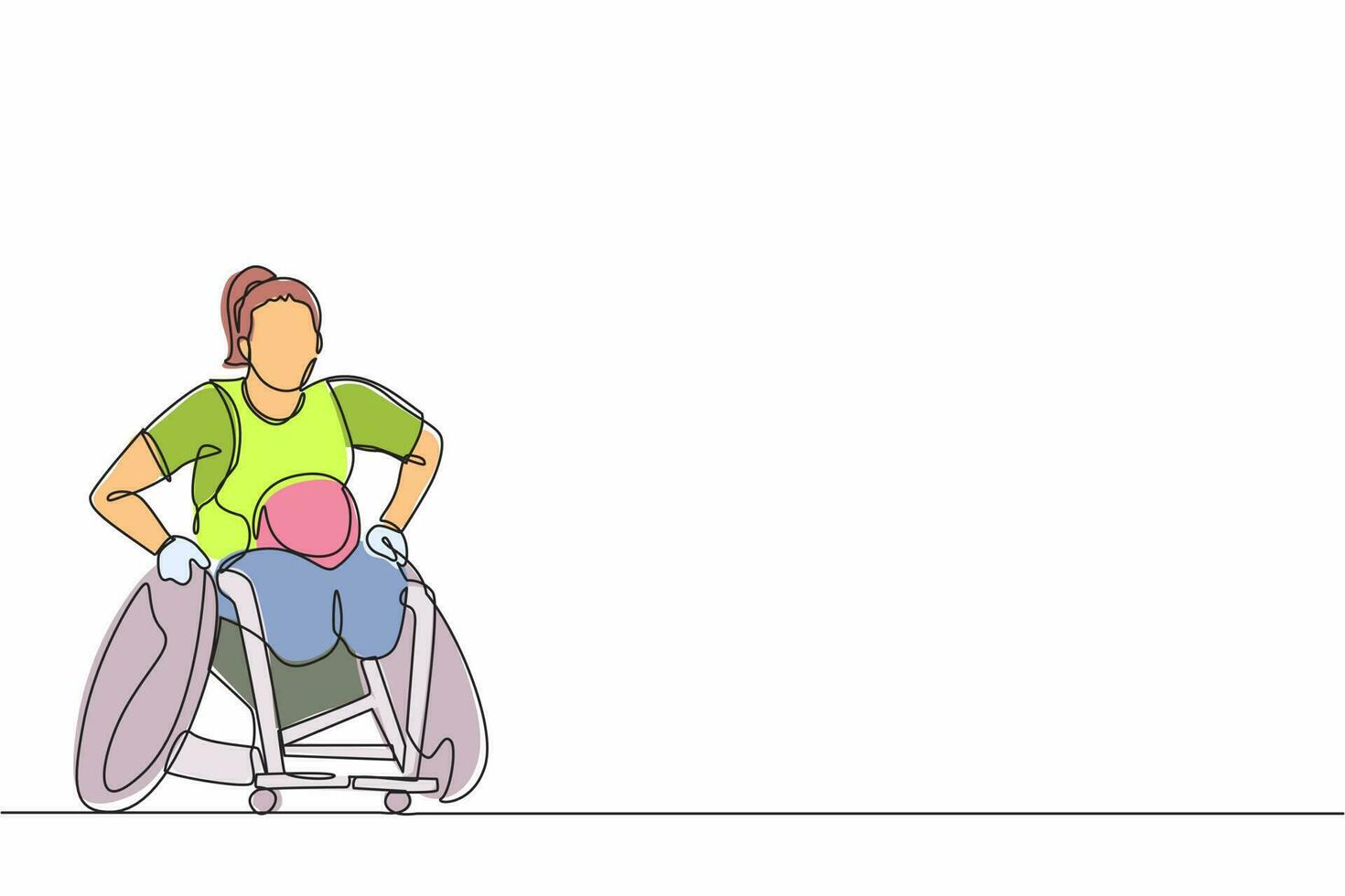 Single one line drawing disabled sportswoman play rugby on wheelchair sport competition.  rugby player in wheelchair. Athlete with physical disorder. Continuous line draw design graphic vector