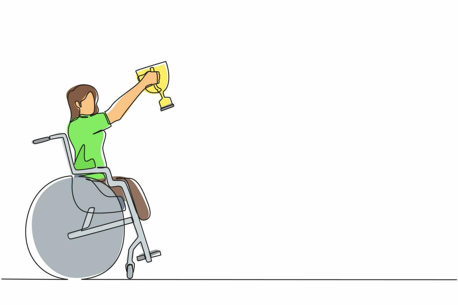 Continuous one line drawing happy sportswoman in wheelchair hold golden cup trophy winner.  person recovery. Game competition, sport training, challenge. Single line draw design vector graphic
