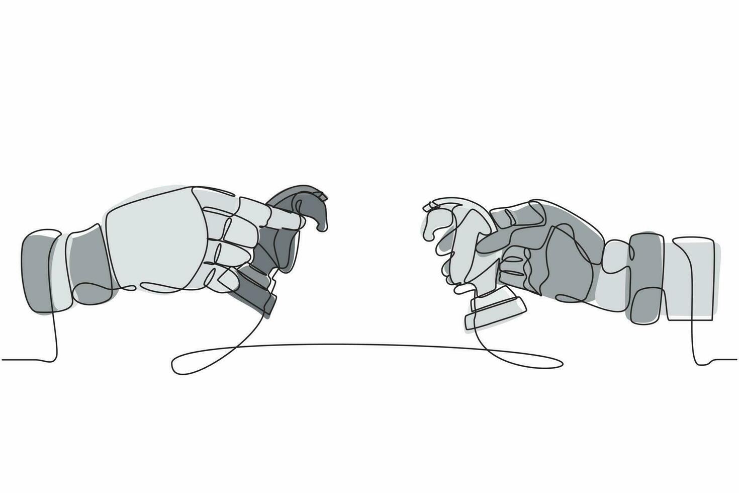 Continuous one line drawing robots hands holding knight horse chess piece and the other hand too. Humanoid robot cybernetic organism. Future robotic development concept. Single line draw design vector